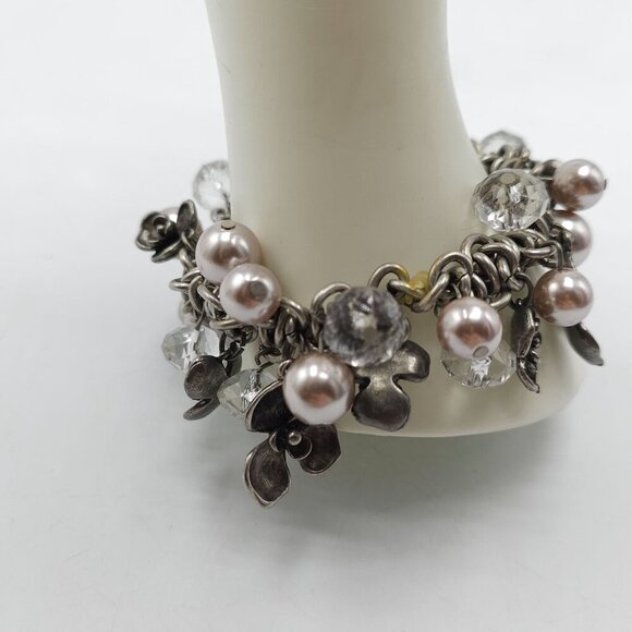Vintage Silver Tone Charm Flower Bracelet With Faux Pearl Crystal Cha Cha - Picture 3 of 5